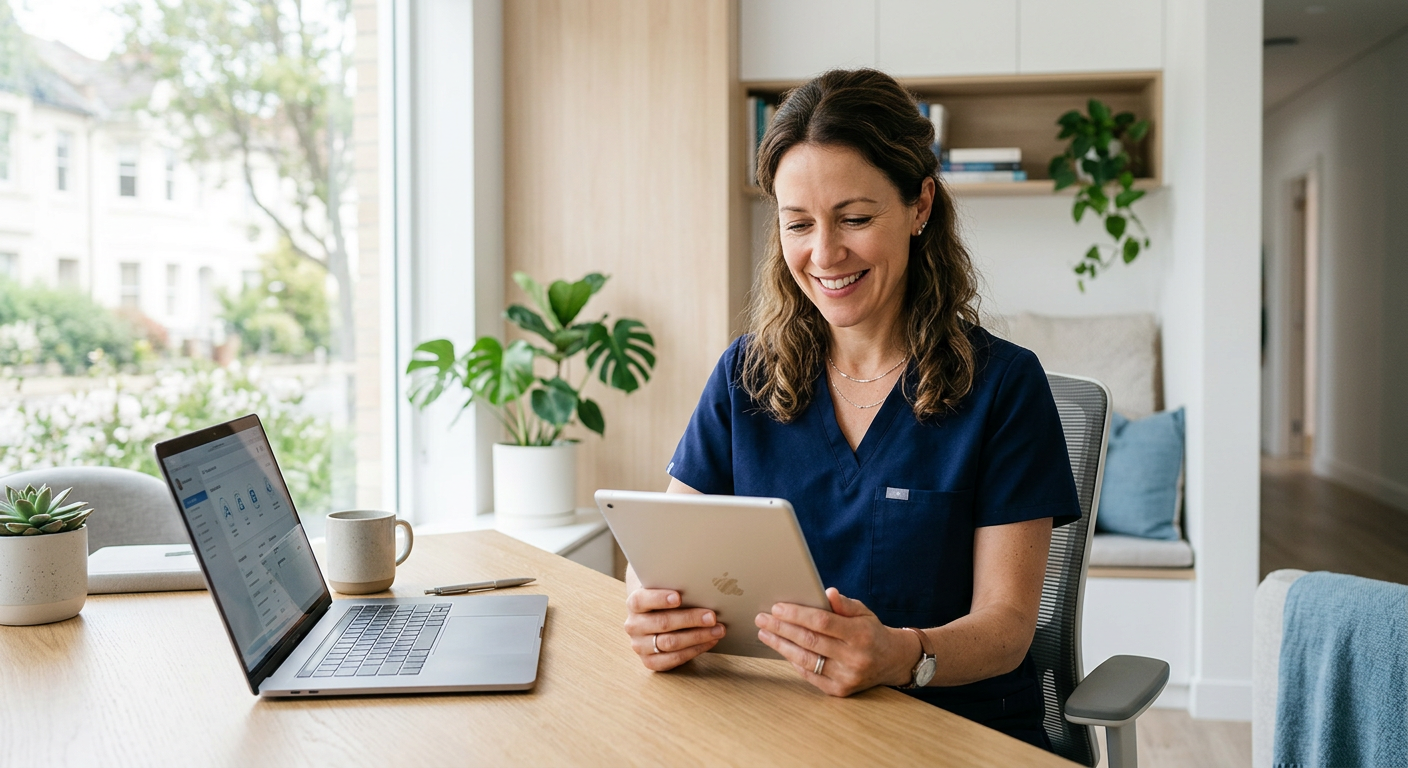 Klinikte tablet üzerinden Praxis-24 kullanan doktor
